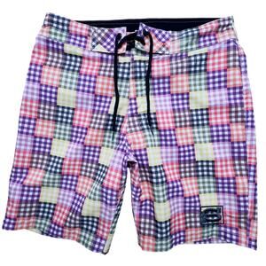 Stussy Mens 32 Multicolor‎ Gingham Check Swim Board Shorts Surf